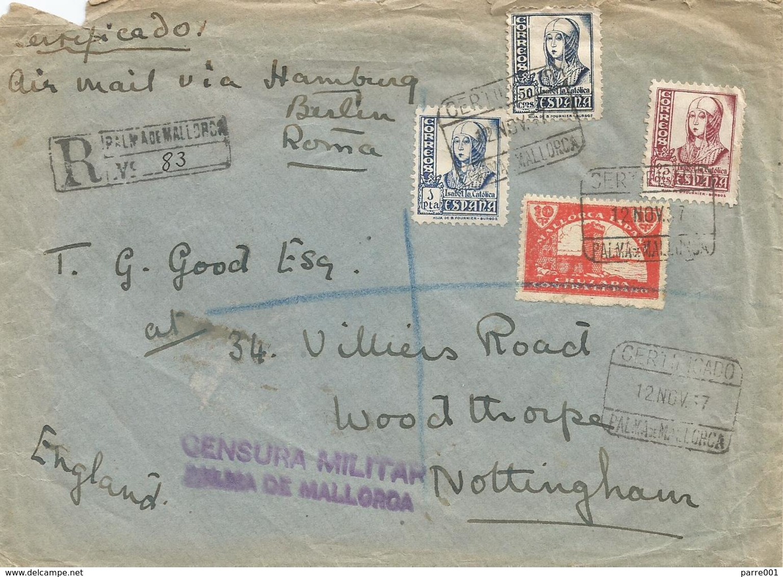 Spain Espana 1937 Palma De Mallorca 10c Local Stamp Censor Censura Registered Cover - Marcas De Censura Nacional