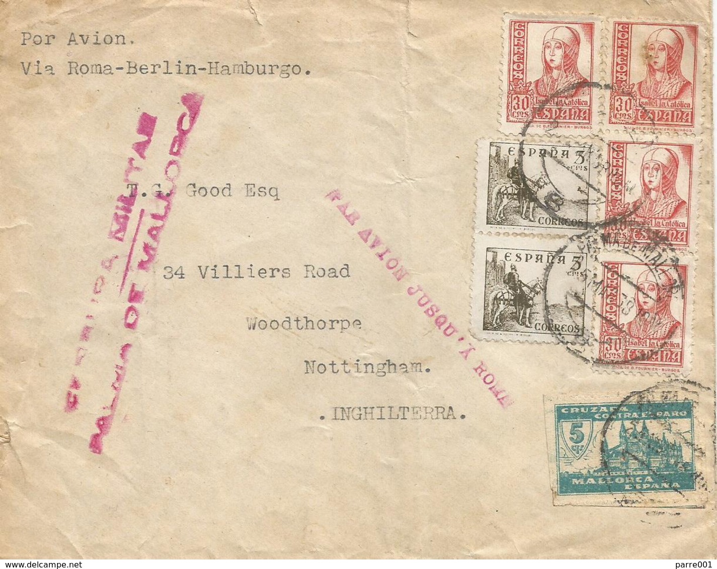 Spain Espana 1937 Palma De Mallorca 5c Local Stamp Censor Censura Par Avion Jusqu'à Rome Cover - Nationalistische Censuur