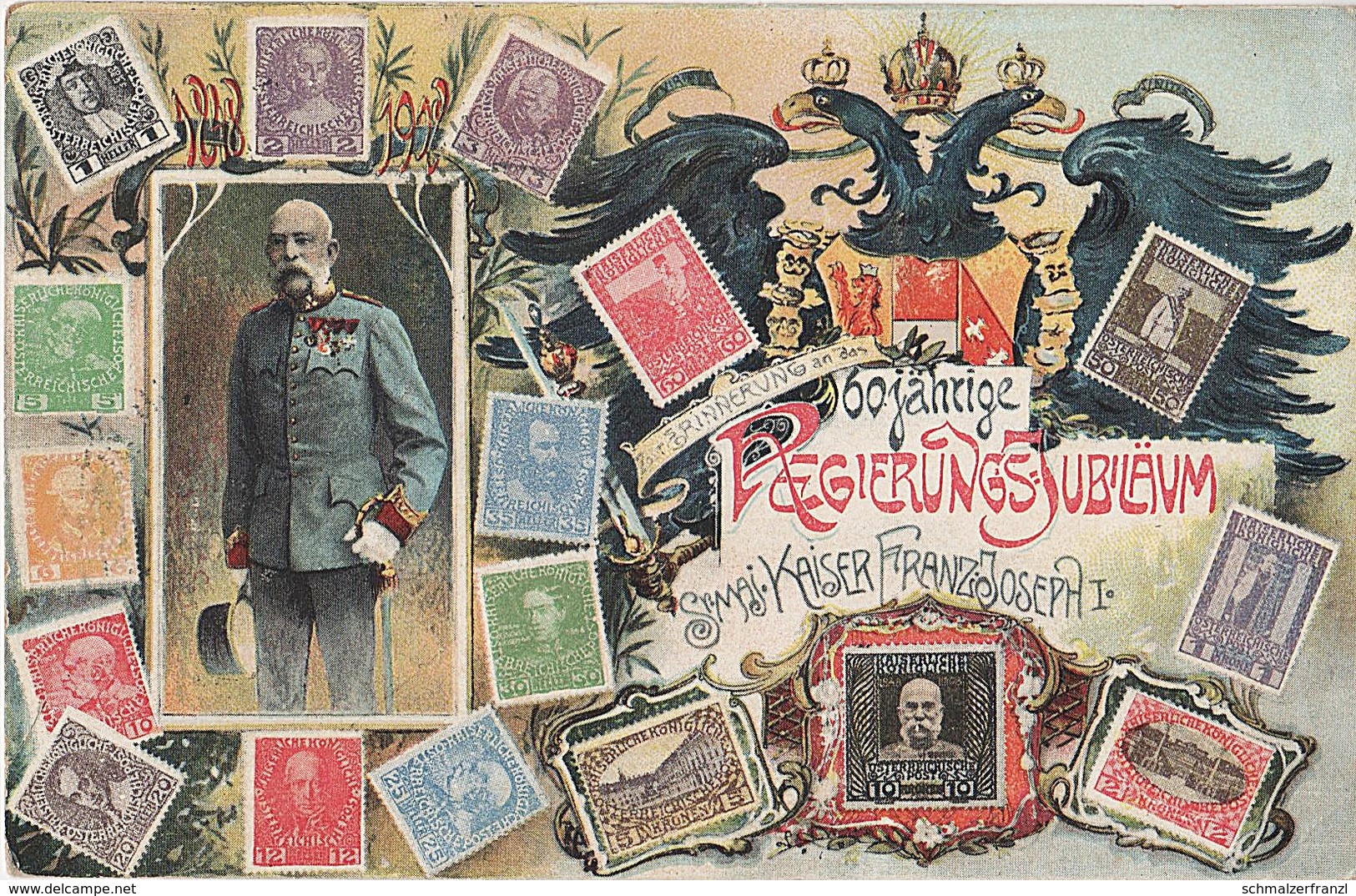 Philatelie Litho AK Österreich 60 Regierungsjubiläum 1908 Kaiser Franz Joseph I Briefmarke Stamp Timbre Austria Autriche - Timbres (représentations)