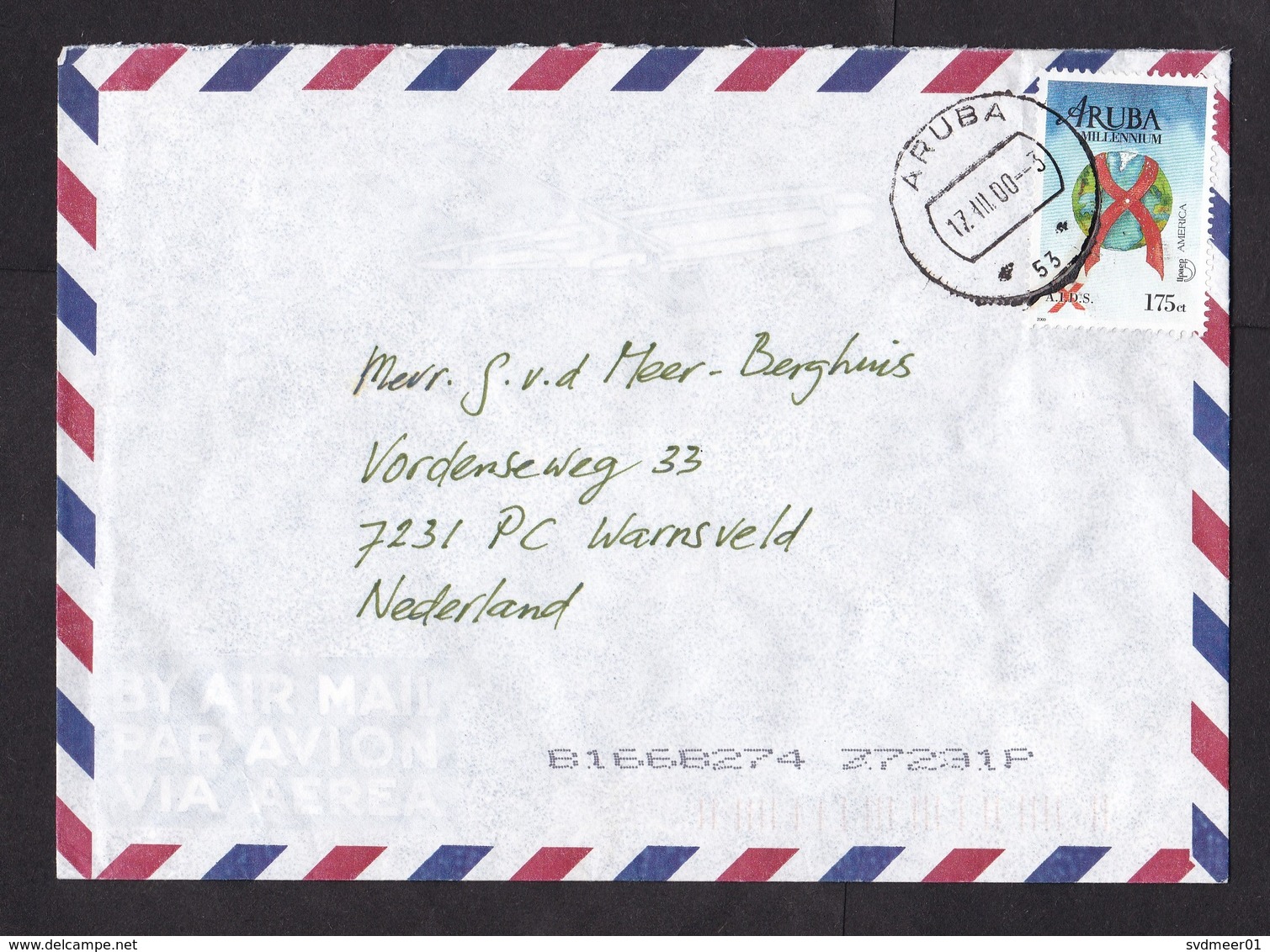 Aruba: Airmail Cover To Netherlands, 2000, 1 Stamp, AIDS, HIV, Disease, Health, Globe, Upaep (minor Crease) - Curaçao, Nederlandse Antillen, Aruba