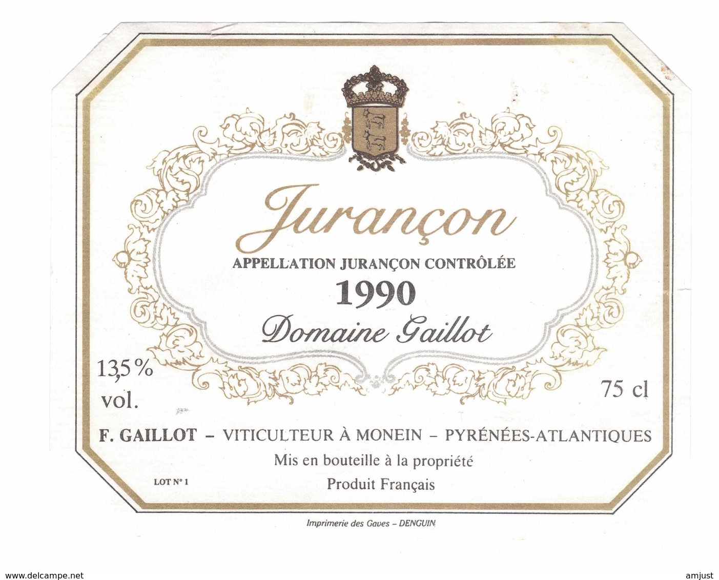 Rare Etiquette De Vin // Blanc // Jurançon // Domaine Gaillot // 1990 - Blancs