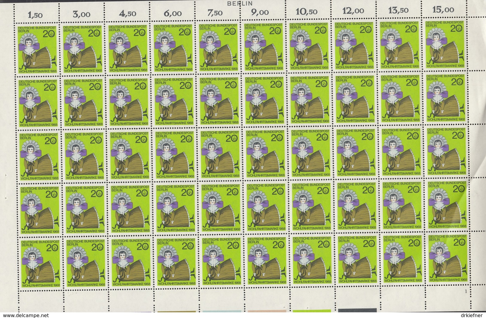 BERLIN  322-325, 4 Bogen (10x5), Postfrisch **, Formnummer 2-1-1-2, Abart, Wohlfahrt: Puppen 1968 - Blocks & Sheetlets