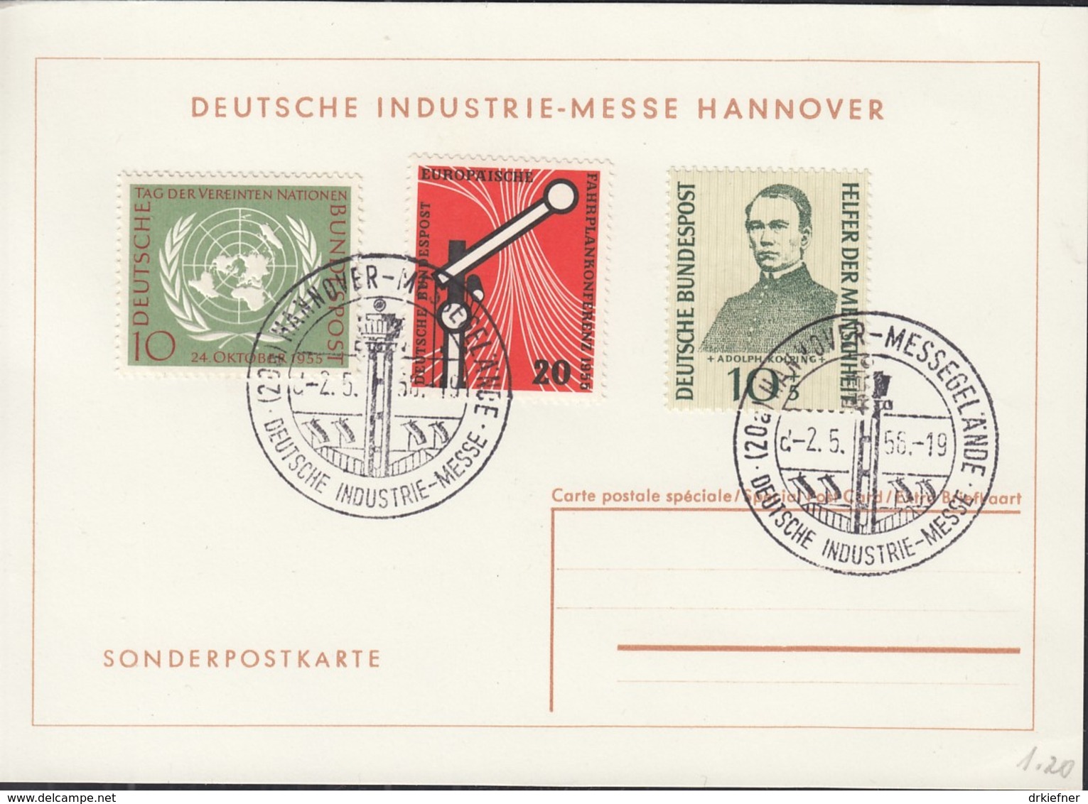 BRD 219, 221, 223 Auf Sonderkarte Mit Sonderstempel: Hannover Messe 2.5.1956 - Maschinenstempel (EMA)