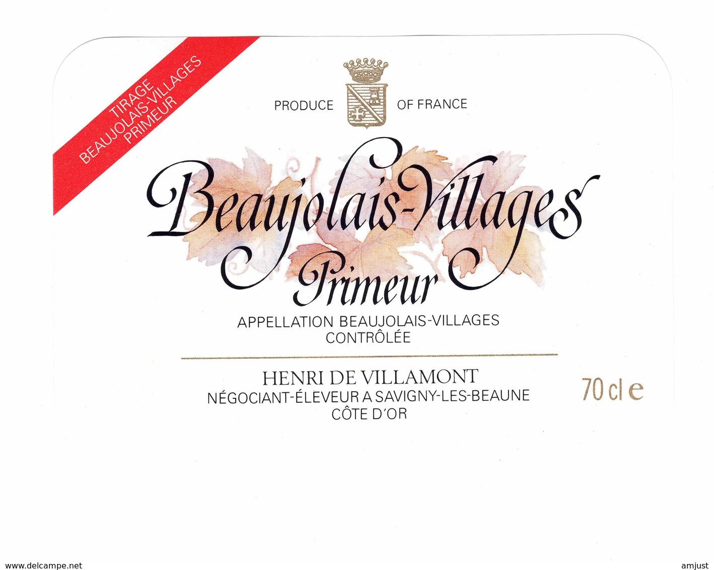 Rare Etiquette De Vin // Blanc // Beaujolais-Villages // Henri De Villamont - Bourgogne