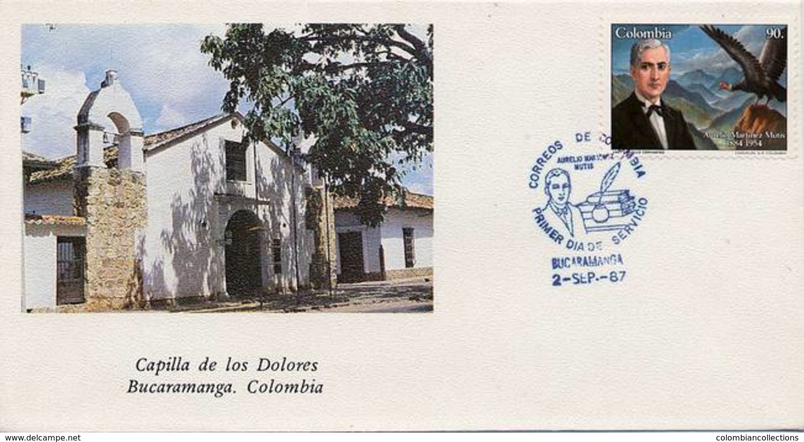 Lote 1728F, Colombia, 1987, SPD-FDC,Aurelio Martinez Mutis, Book, Bird, Mountain, Writer - Colombia