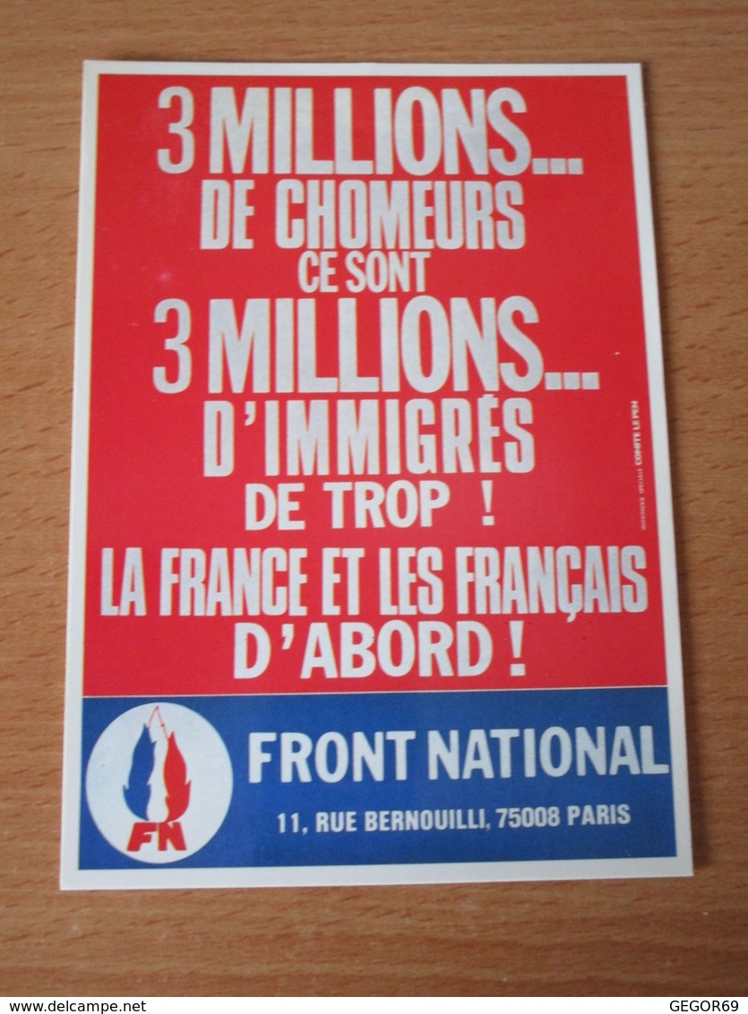 CARTE POSTALE FRONT NATIONAL 3 MILLIONS DE CHOMEURS - Partis Politiques & élections