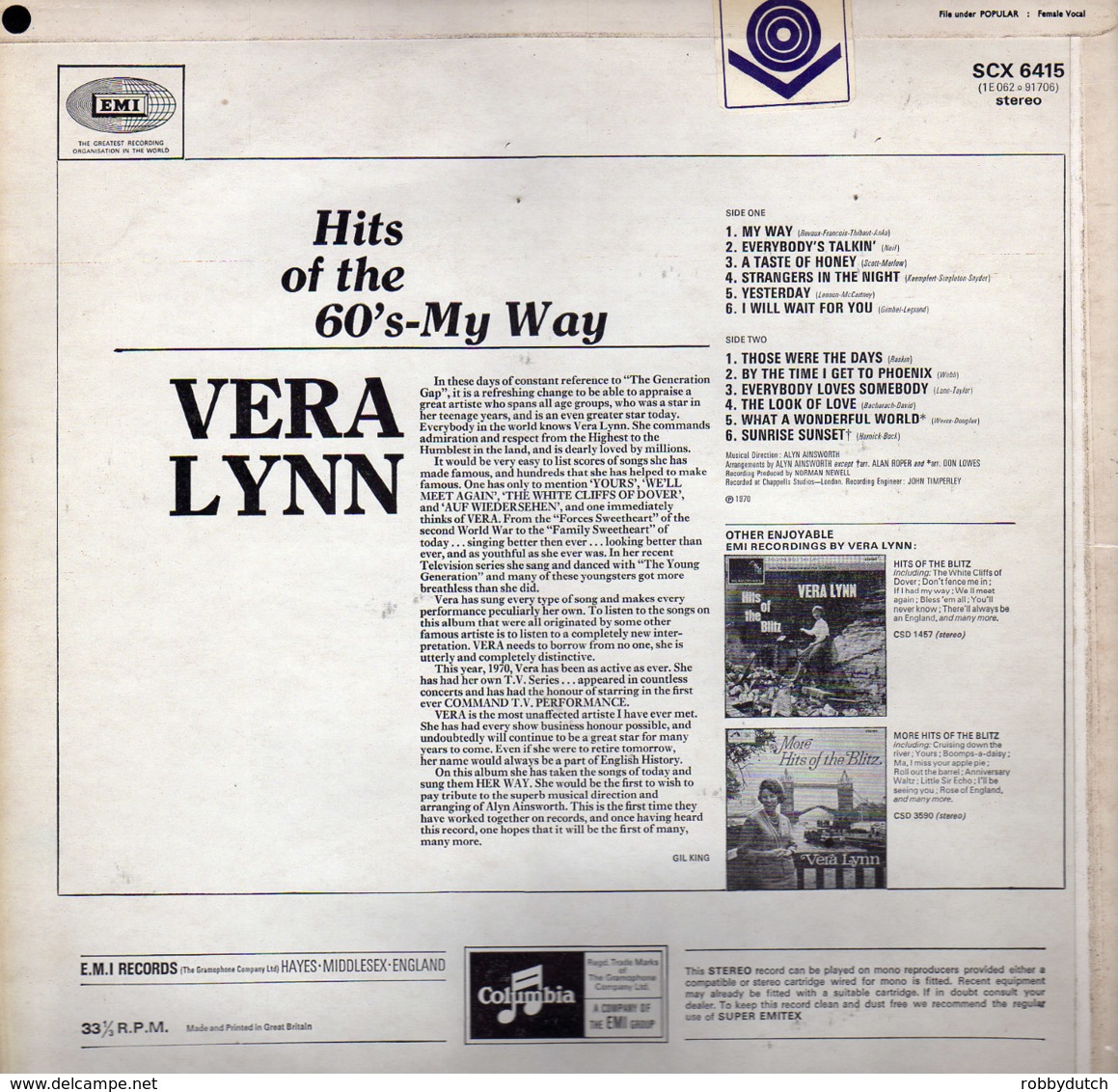 * LP *  VERA LYNN - HITS OF THE 60ś - MY WAY (England 1970 EX) - Disco, Pop