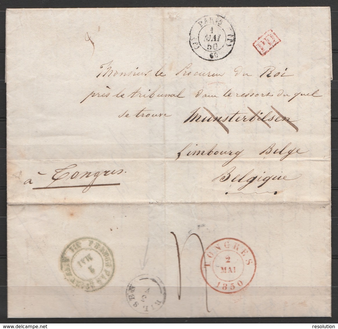 L. Datée 1850 D'avocat Pour MUNSTERBILSEN Càd "PARIS/1 MAI 1850" - [PD] Càd TONGRES - 1830-1849 (Belgique Indépendante)