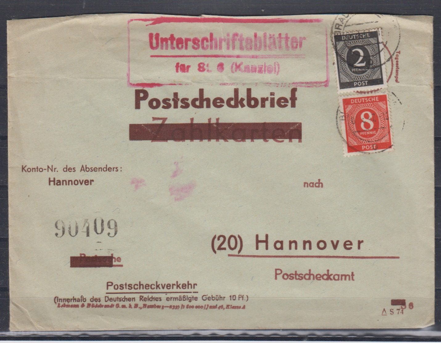 Kontrollrat 1947 Postscheckbrief  ( Reichsformular) MiF 912+917 Nach Hannover - Other & Unclassified