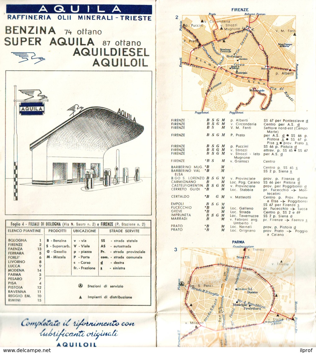 Benzina Aquila, Rete Di Distribuzione, Filiali Di Bologna E Firenze- Cartina Con Mappe Anni '50 - Carte Stradali