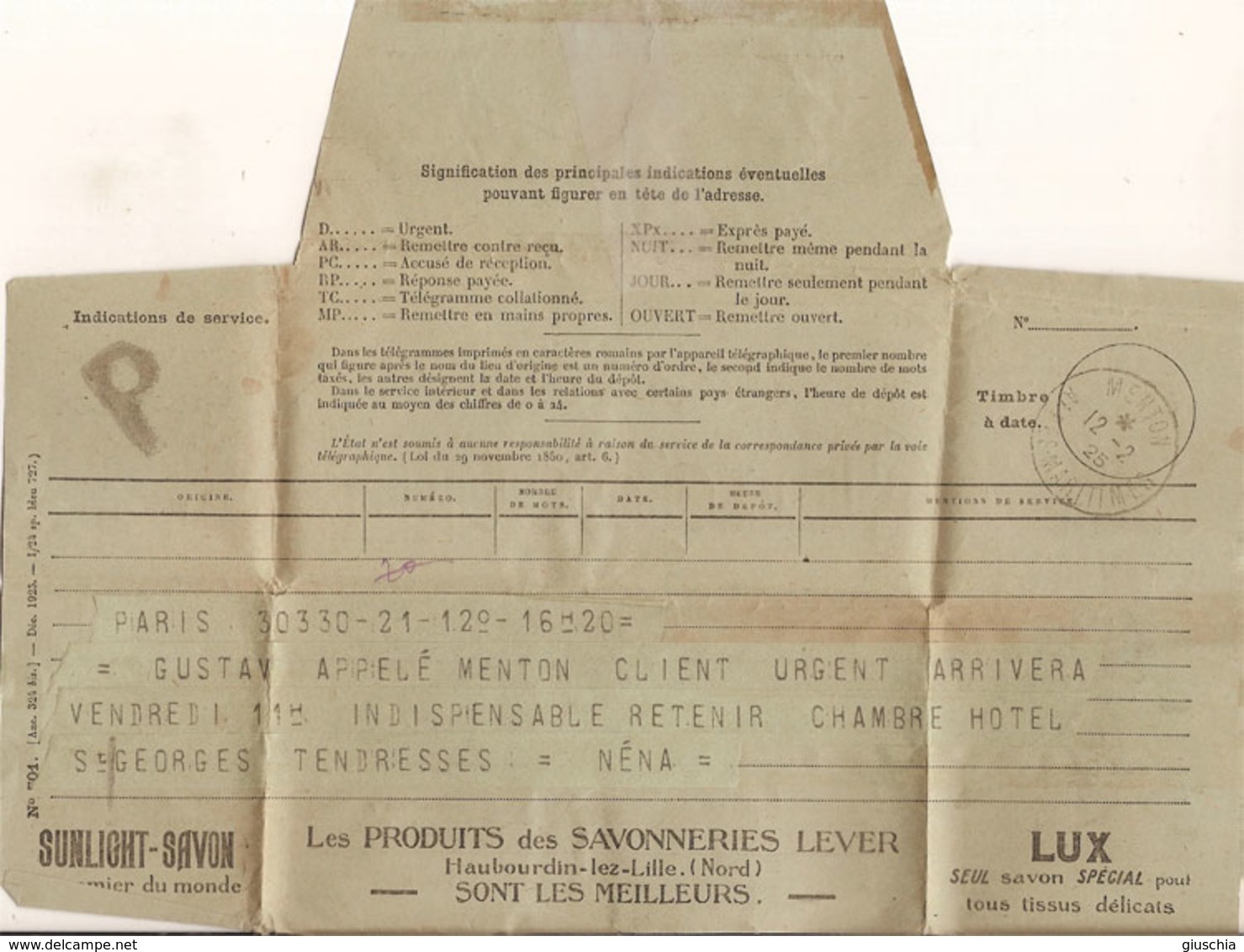 (P).Telegramma Pubblicitario Della Peugeot Viaggiato Il 12-2-1925 (2 Scan) (64-a18) - Automobili