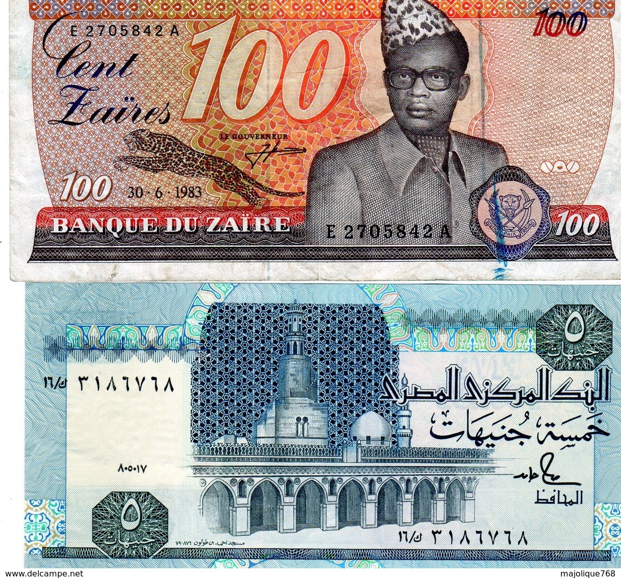 1 Billet Du Zaire De 100 Zaires Le 30-06-1983-1 Billet Egypte De 5 Pounds N D 87 - Autres - Afrique