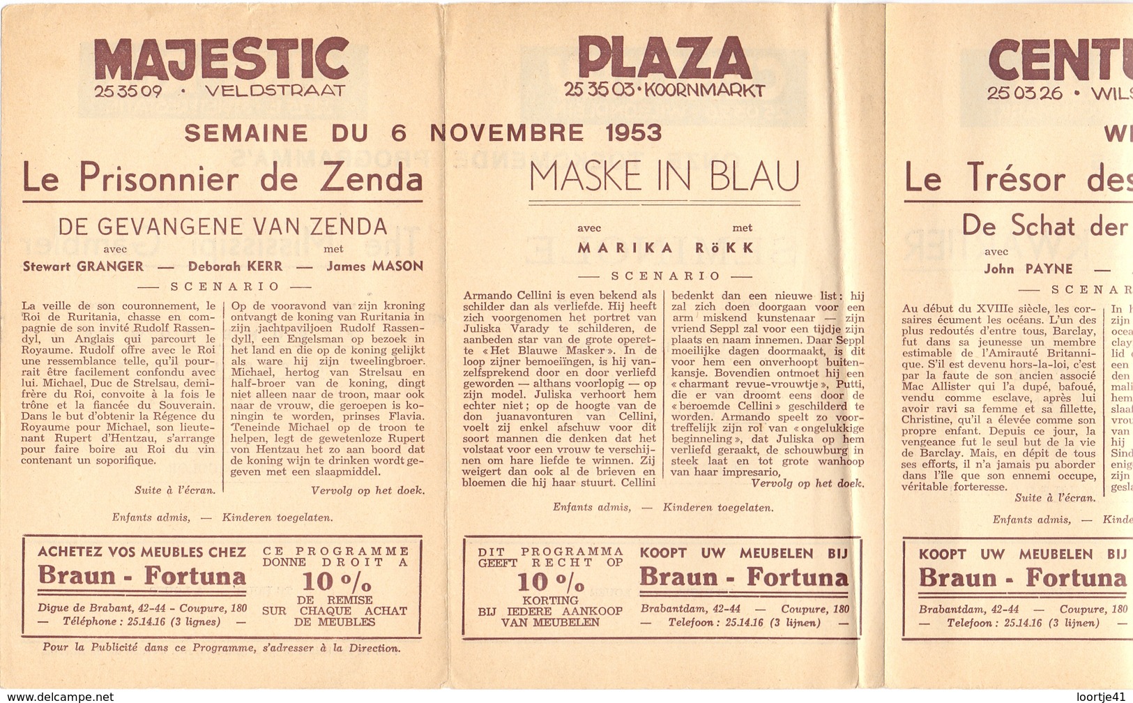 Pub Reclame Ciné Cinema Bioscoop - Majestic Plaza Century Rex - Gent - Le Prisonnier De Zenda - 1953 - Publicité Cinématographique