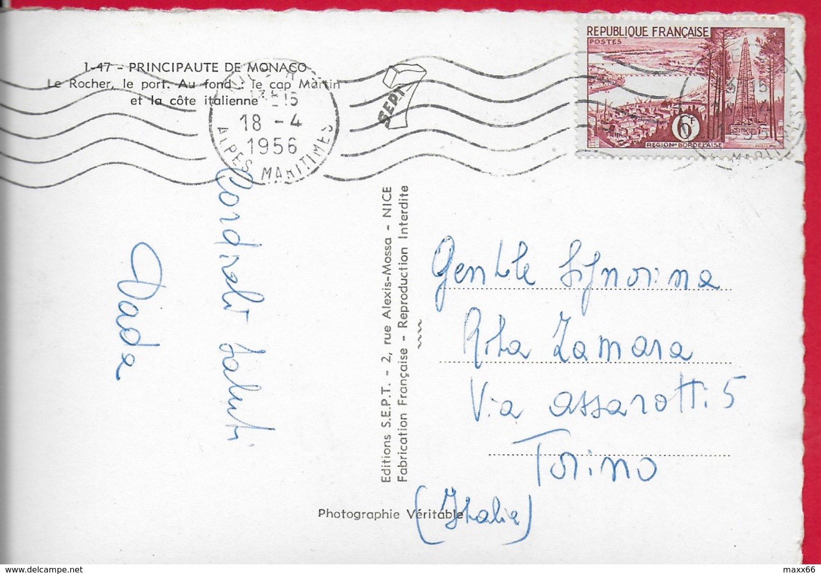 CARTOLINA VG MONACO - Le Principaute - Le Rocher Le Port - Cap Martin Et La Cote Italienne - 10 X 15 - ANN. 1956 - Viste Panoramiche, Panorama