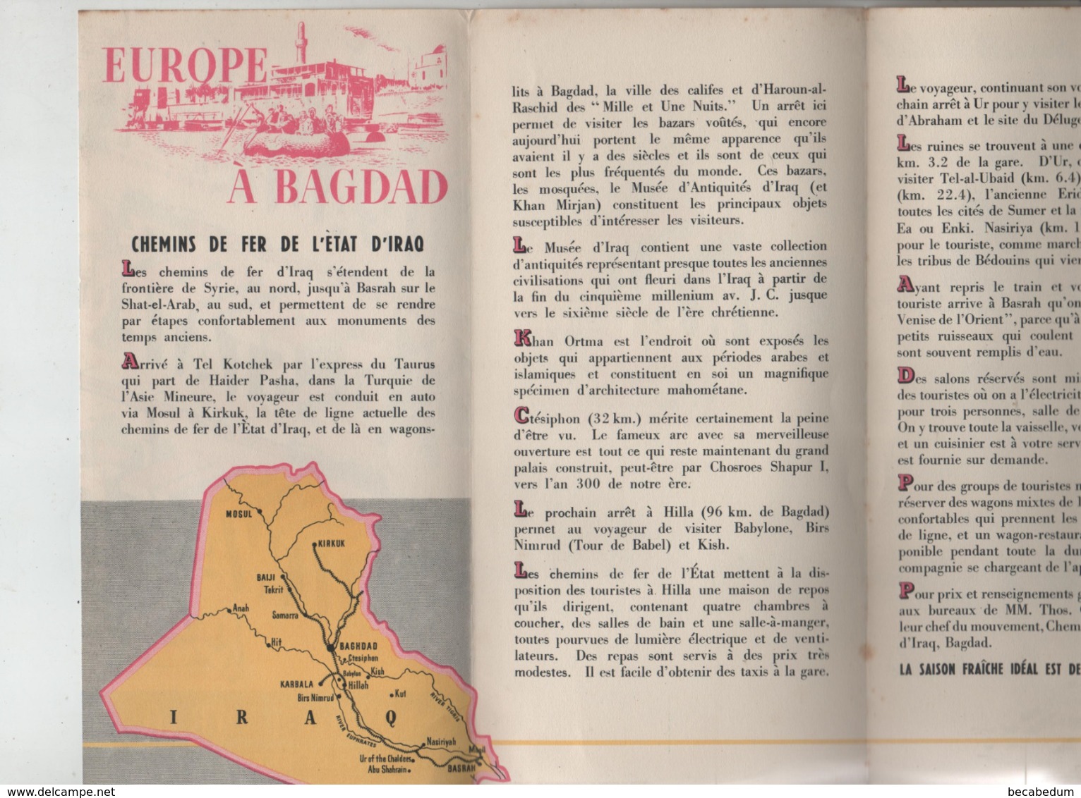 Dépliant Touristique Iraq Iraqi State Railways Chemins De Fer Iraquiens Bagdad Ctésiphon Kish Birs Nimrud Ur En Chaldée - Toeristische Brochures