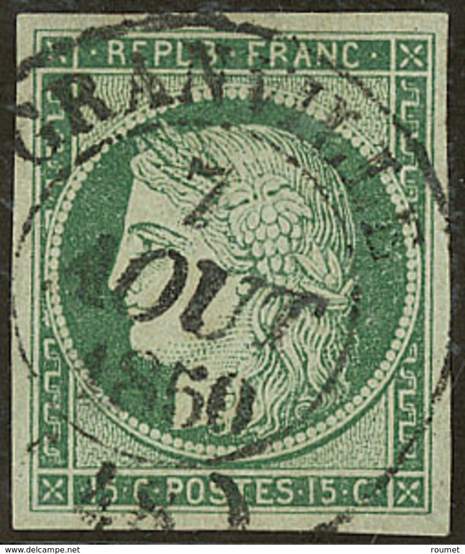 Oblitérations. Cad Noir Type 14. No 2b, Vert Foncé, Obl Cad Granville 7 Août 1850, Superbe. - RR - 1849-1850 Cérès