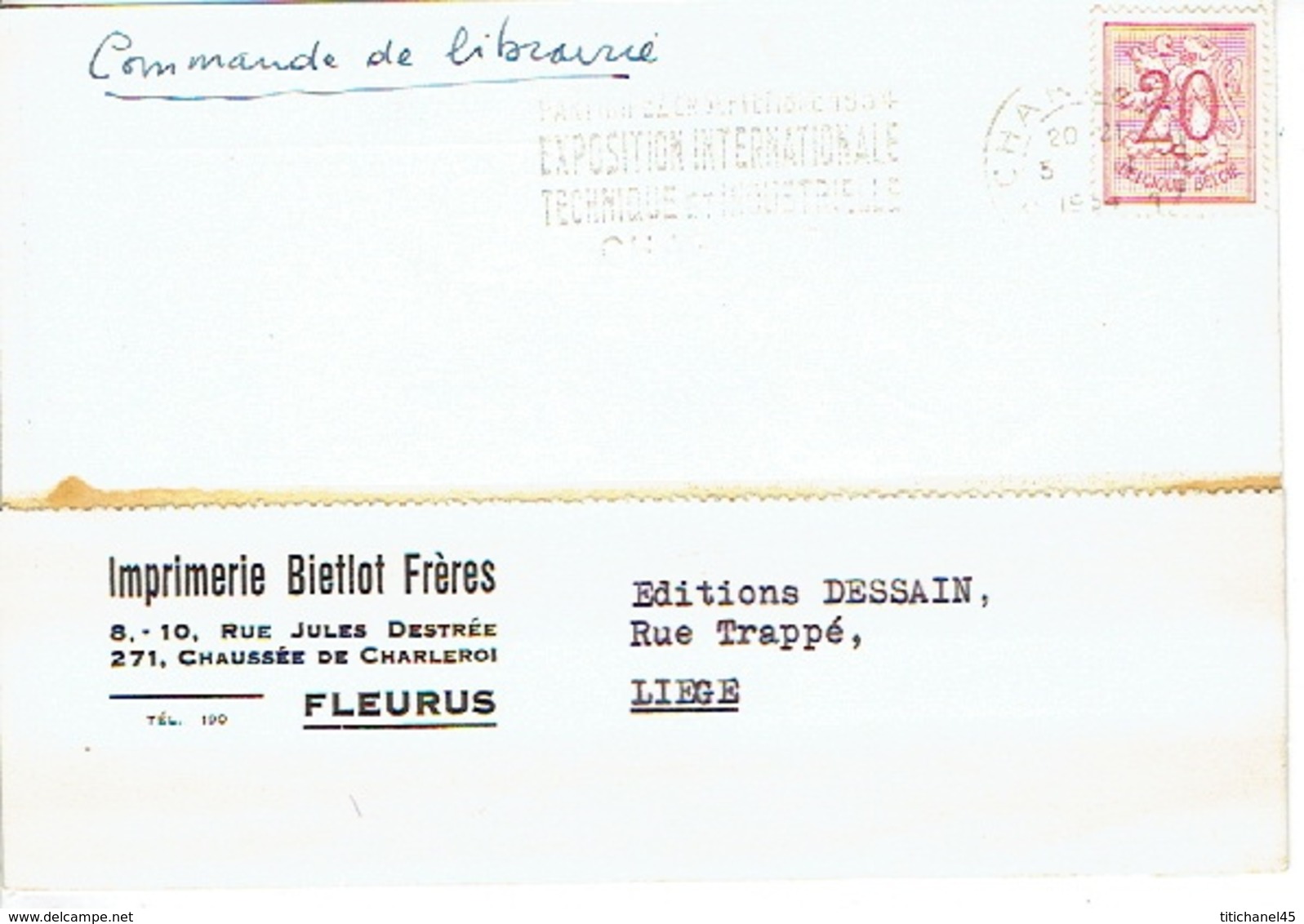 CP Publicitaire FLEURUS 1954 - Imprimerie BIETLOT Frères - Fleurus