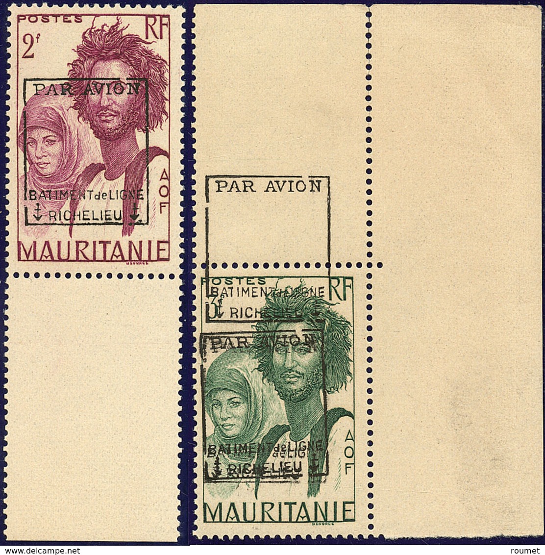 ** POSTE AERIENNE MILITAIRE. Richelieu. Sur Timbres De Mauritanie. Nos 4 Bdf, 5 Cdf (double Frappe Dont Une à  Cheval).  - Military Airmail