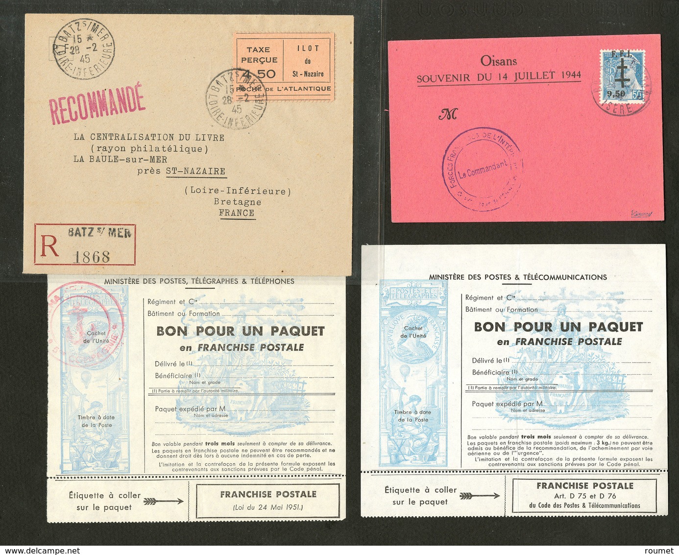 Lettre. GUERRE 1939-1945. Lot De Deux Enveloppes Dont St Nazaire Taxe Perçue Et FM Maury 14B Et 15. - TB - Oorlog 1939-45