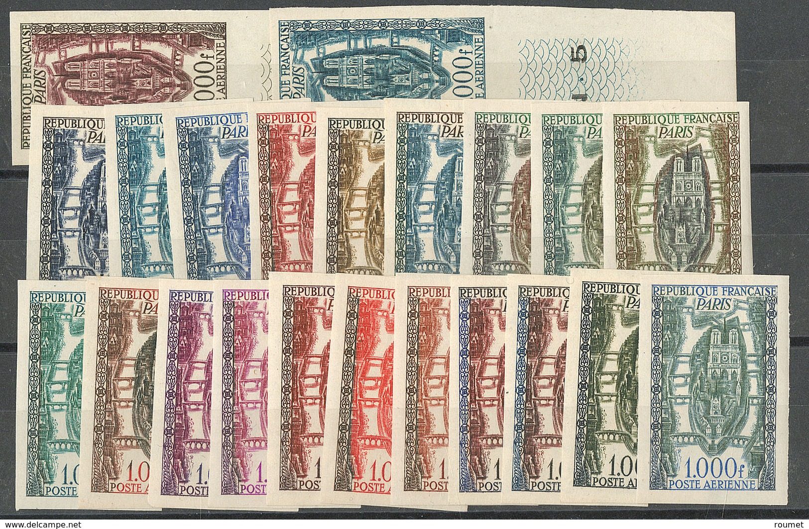 ** Poste Aérienne. Essai Non Adopté, 1000f Paris Par Decaris, ND Multicolore Et Unicolore, 22 Différents. - TB. - R (cot - Artist Proofs