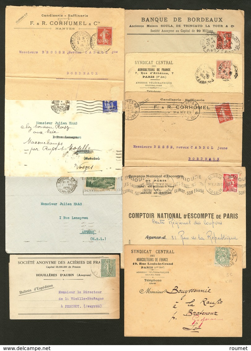 Lettre. PERFORES. Lot 1910-1938, 62 Enveloppe Et Qqs Devants, Perforations, Affts Et Obl Divers. - TB Ou B - Autres & Non Classés