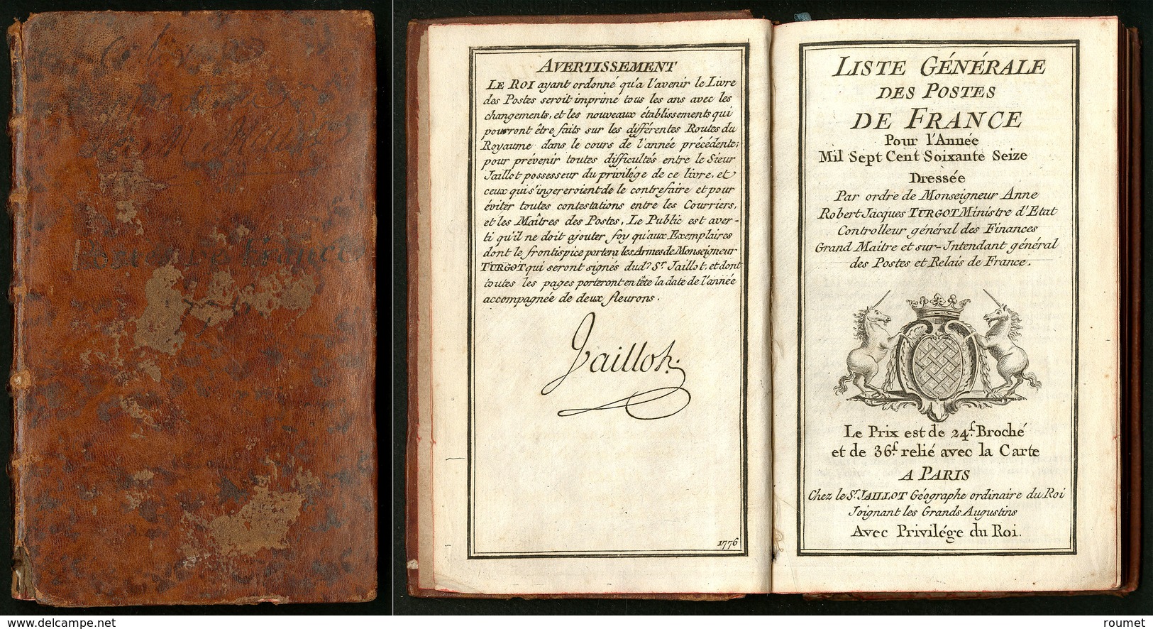 "Liste Générale Des Postes De France 1776", Avec Carte Des Routes De Poste, Relié Cuir, Bon état - Other & Unclassified