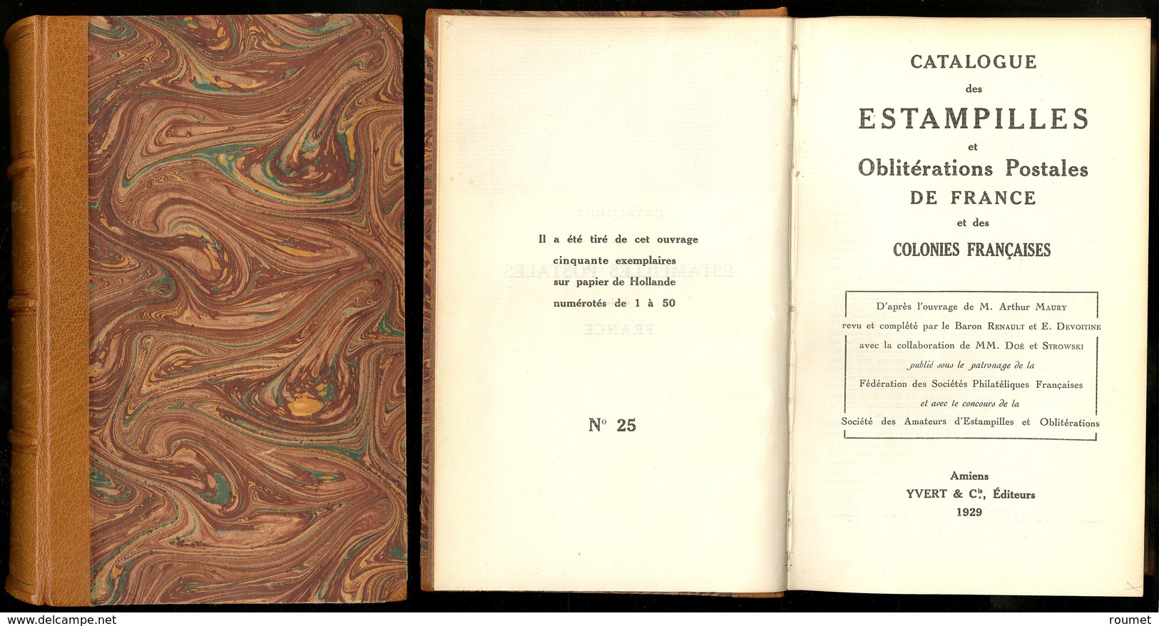 "Catalogue Des Estampilles Et Obl Postales De France", éd. 1929, Sur Papier De Hollande, N°25/50, Relié Cuir, Superbe - Otros & Sin Clasificación