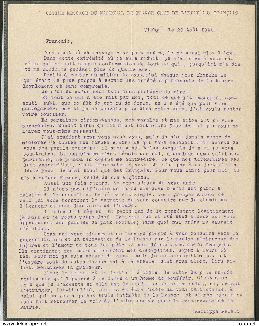 Lettre. Retranscription Dactylographiée, D'époque De L'ultime Message Du Maréchal Pétain Vichy, 20 Août 44. - TB - Non Classés
