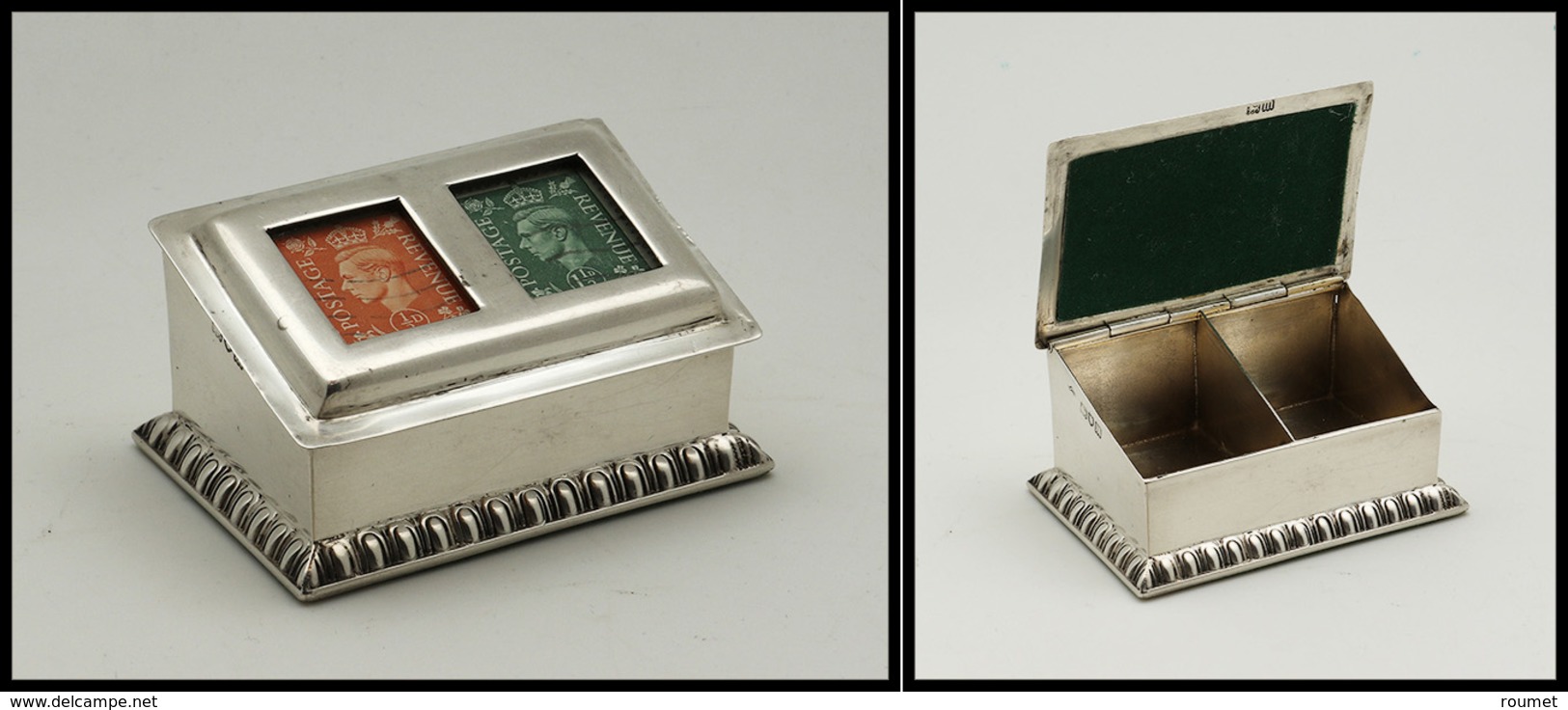 Superbe Boîte Anglaise En Argent, Style écritoire Avec Couvercle à Fenêtre, 2 Comp., 65x45x30mm, Poids 122g. - TB - Stamp Boxes