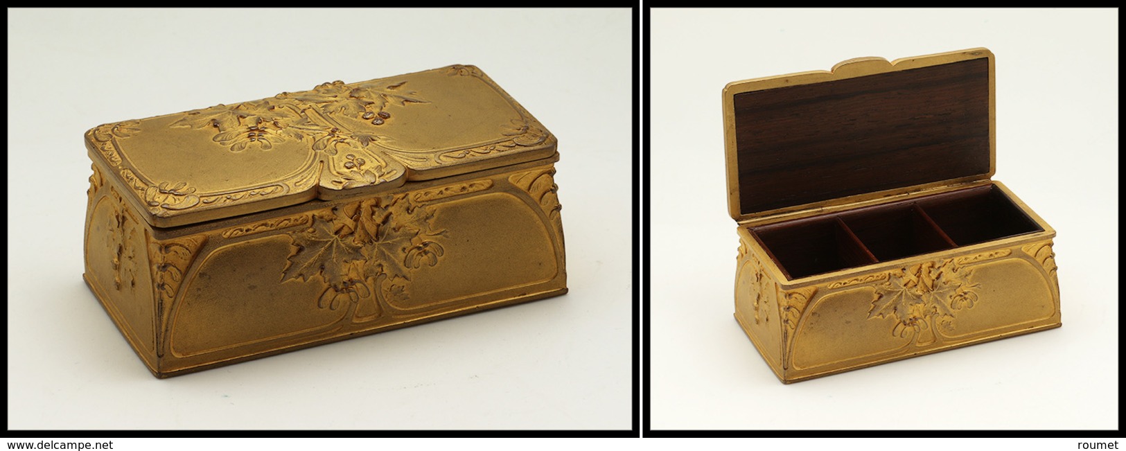 Boîte En Bronze Doré à L'or Fin, Signée "Guenardeau, Fondeur Susse Et Cie", Intérieur Palissandre, 3 Comp., 104x52x40mm. - Stamp Boxes