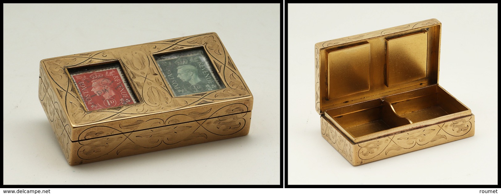 Boîte Anglaise En Bronze Doré, Couvercle à Fenêtre, 2 Comp., 74x42x18mm. - TB - Boites A Timbres