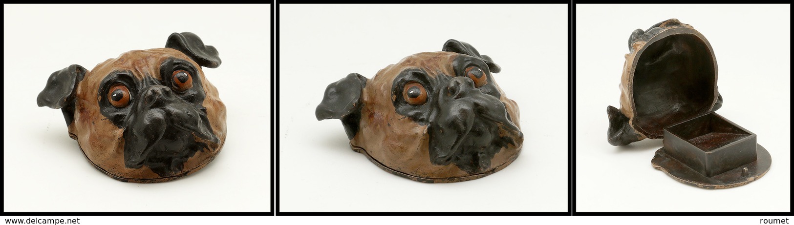 Boîte En Bronze De Vienne En Forme De Tête De Chien "Bouledogue", 1 Comp., 52x60x30mm. - TB - Stamp Boxes