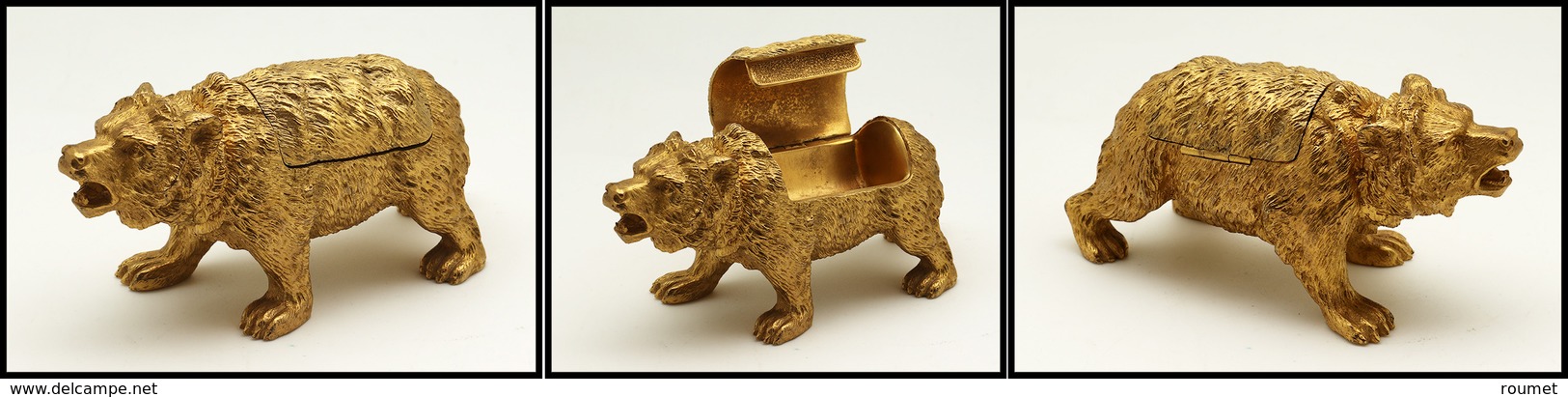 Superbe "Ours" En Bronze Doré, 1 Comp. Timbre Sur Le Dessus, Poids 483g, 130x50x65mm. - TB - Stamp Boxes