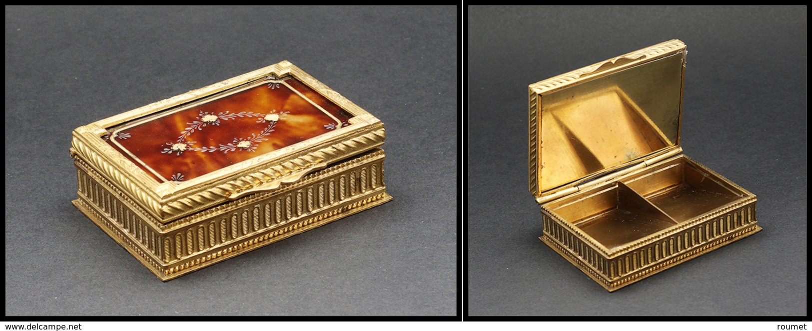 Boîte En Bronze Doré Et écaille Sur Le Dessus, Fin Décor Sur L'ensemble De La Boîte, 2 Comp., 70x50x25 Mm. - TB - Stamp Boxes
