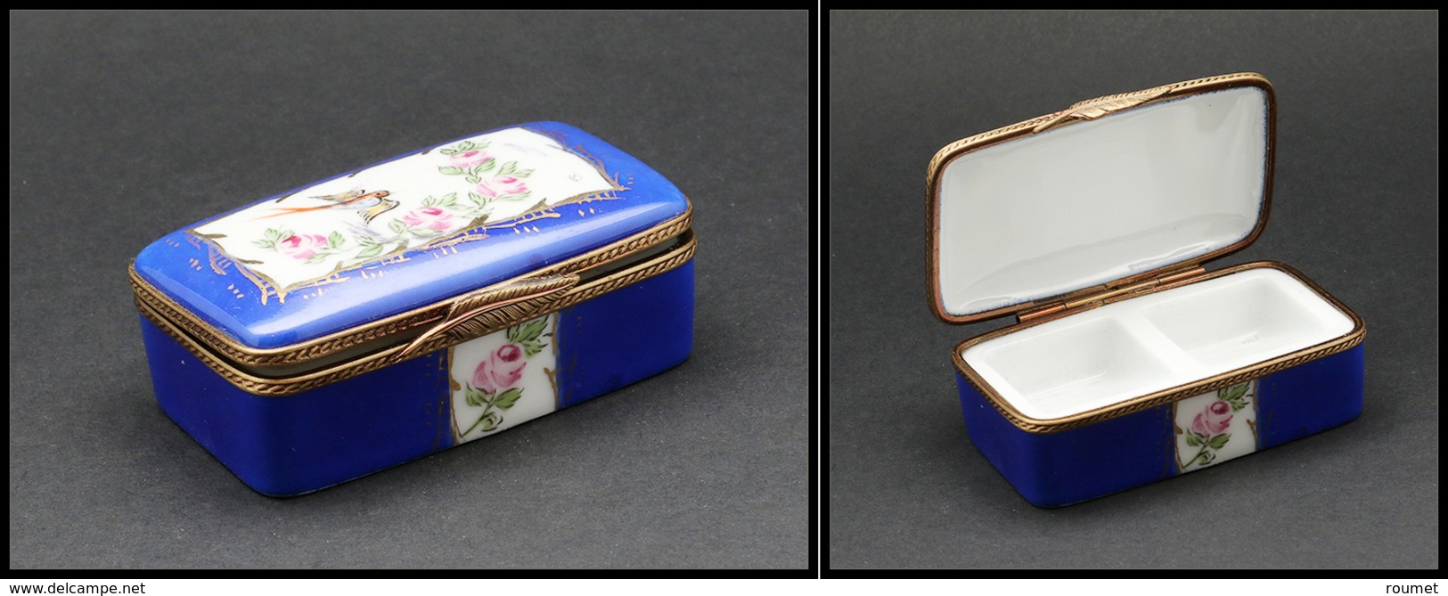 Boîte En Porcelaine De Limoges, Décor "Hirondelle Et Roses", Dominante Bleu Roi, Peint Main, Cerclage Et Boucle En Forme - Stamp Boxes