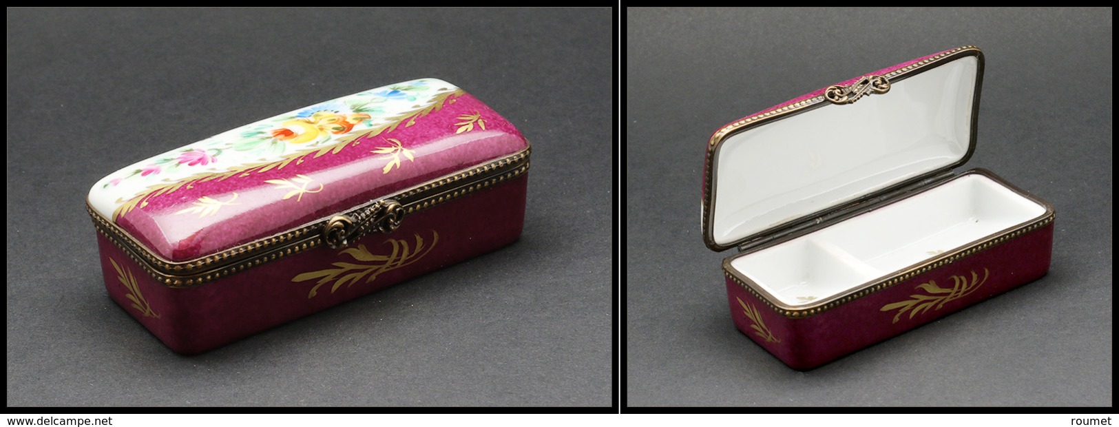 Boîte En Porcelaine De Limoges à Décor De Fleurs, Cerclage Bronze, Dominante Bordeaux, Peint Main, 2 Comp., 85x35x25mm.  - Stamp Boxes