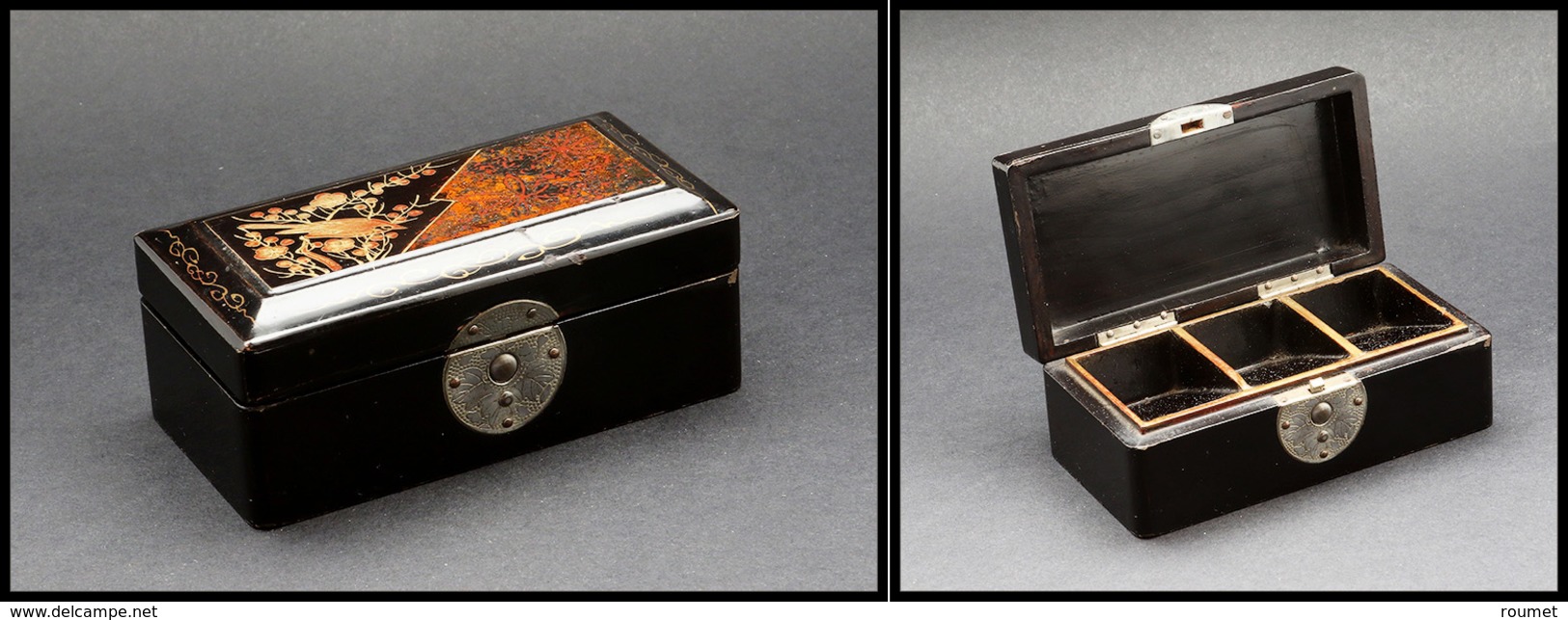 Boîte En Bois Laqué Noir , Décor "Oiseaux Et Fleurs" Sur Couvercle, 3 Comp., 100x50x40mm. - TB - Stamp Boxes