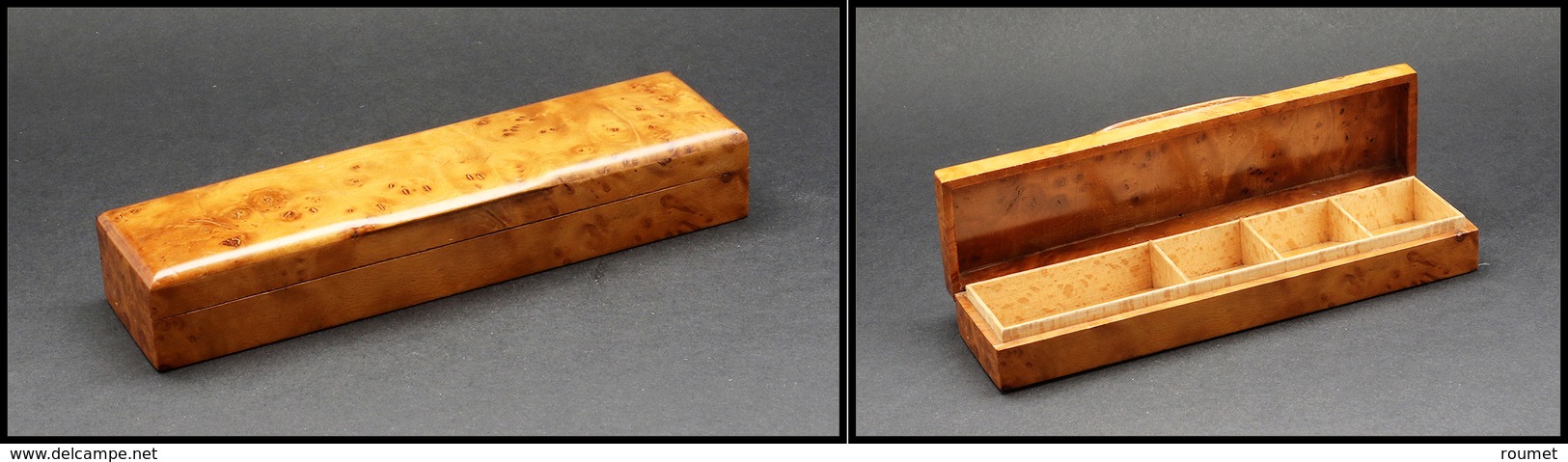 Boîte En Loupe De Thuya, 4 Comp. Dont Un Pour Plumes, 140x35x20mm. - TB - Stamp Boxes