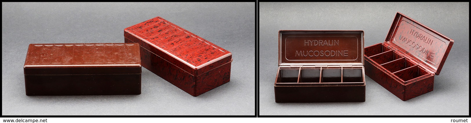 Deux Boîtes Publicitaires En Bakelite "Mucosodine", 2 Teintes Différentes, 4 Comp., 105x45x30mm. - TB - Stamp Boxes