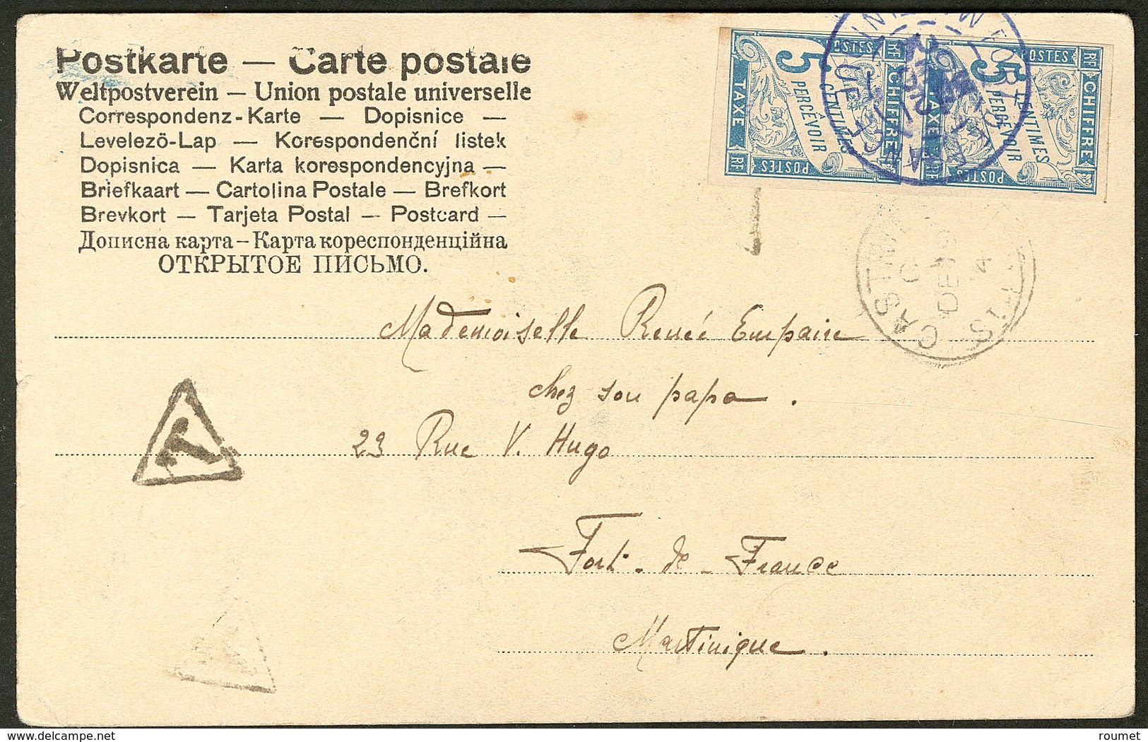 Lettre. Taxe. No 18 Paire Obl Cad Bleu "Martinique Fort De France" Déc 1904, Sur CP De Ste Lucie Afft N°48 Non Obl. - TB - Other & Unclassified