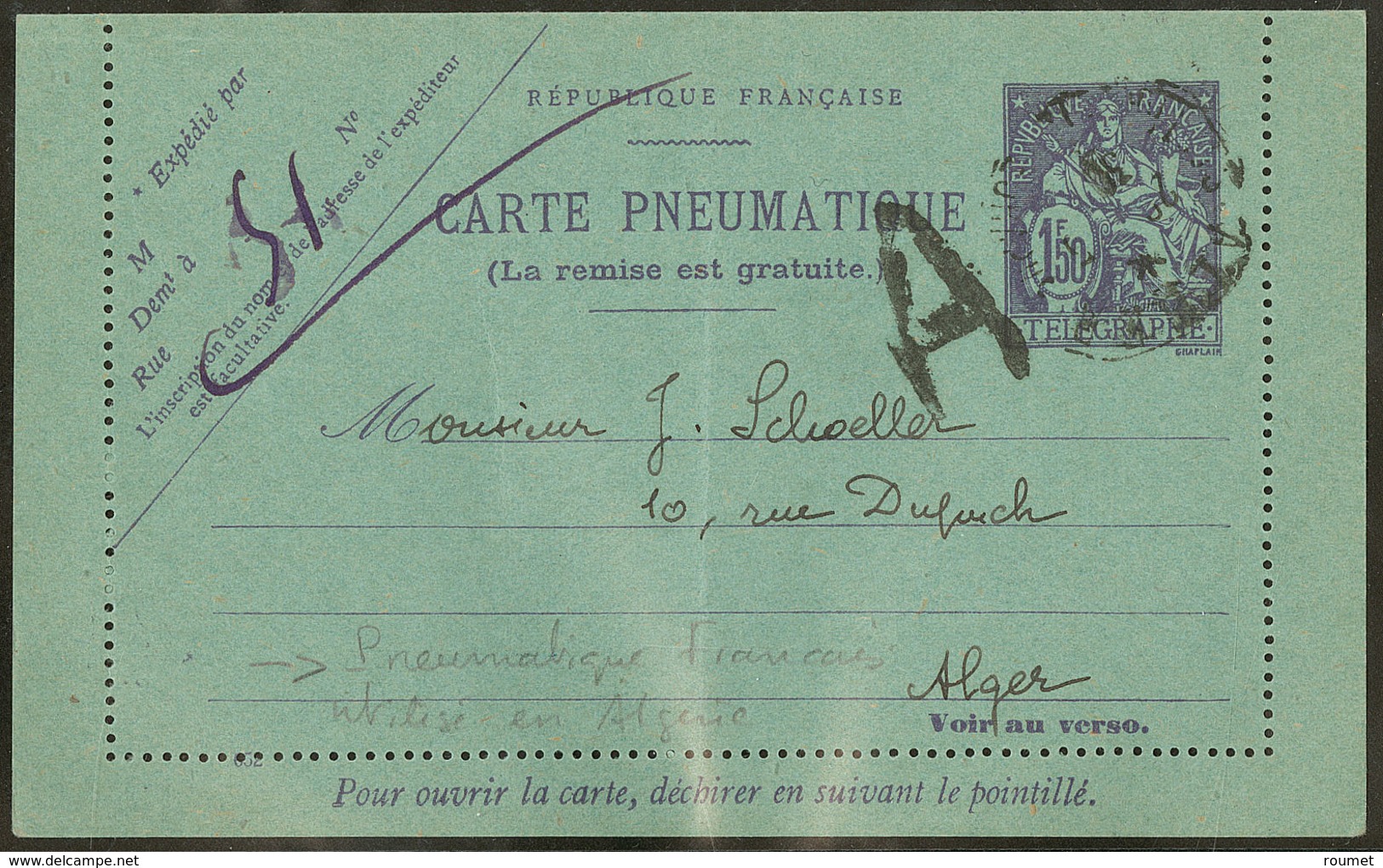 Lettre. Précurseurs. CL Pneumatique 1.50f Violet Chaplain, Utilisée En Algérie. - TB - Sonstige & Ohne Zuordnung