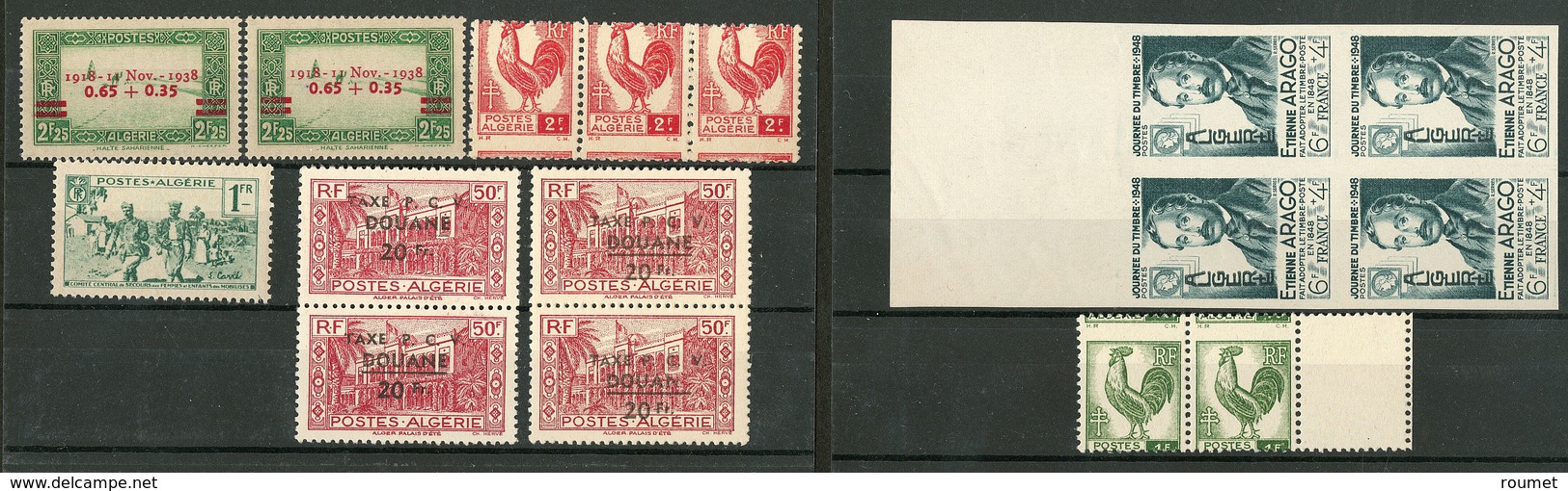 ** Variétés. Nos 147 Surch. Déplacée, 159 Sans Surch., 219 Paire Bdf Et 220 Bande De Trois Piquage à Cheval, Taxe 27 Deu - Other & Unclassified