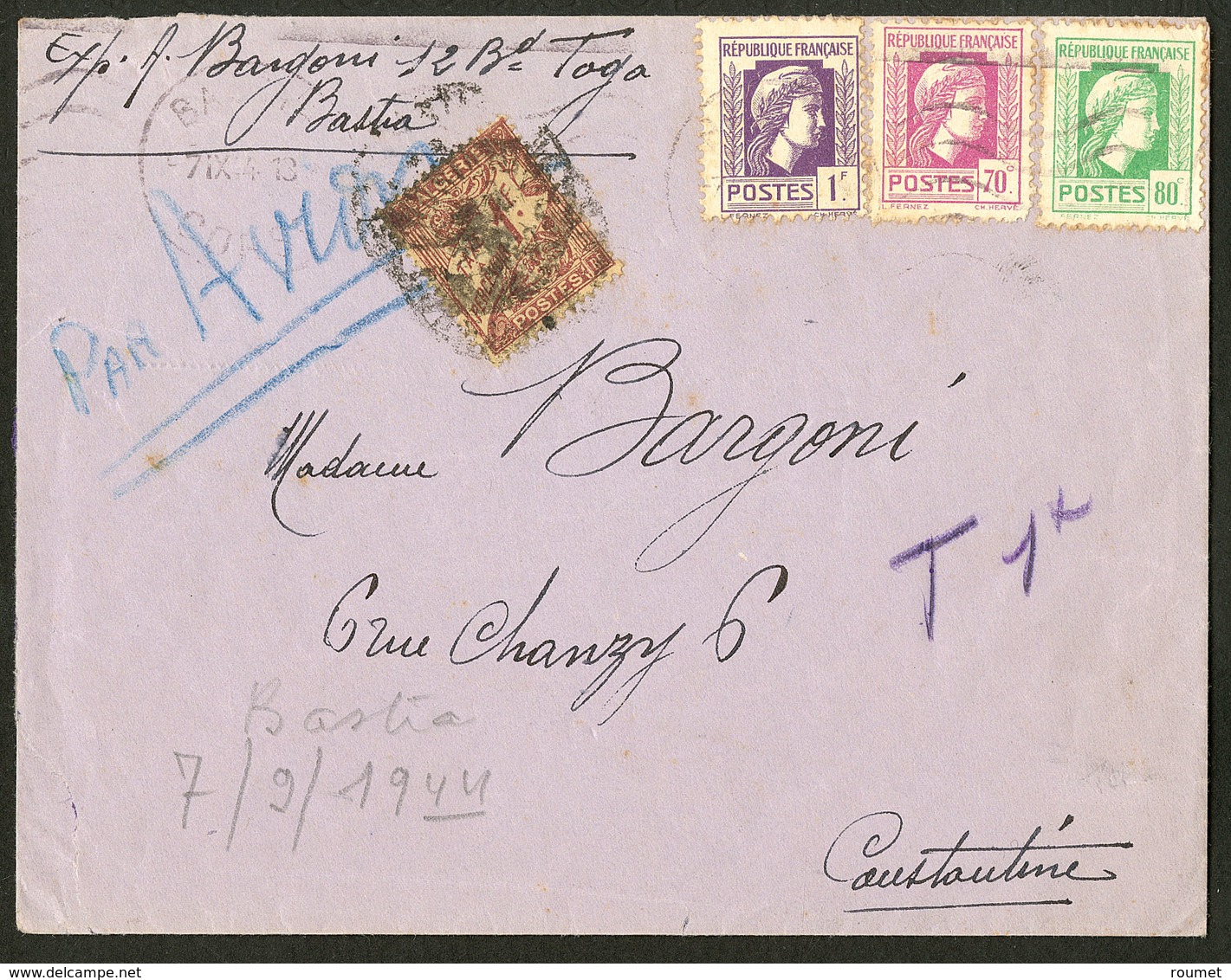 Lettre. Taxe. No 9 + France Poste Divers, Sur Enveloppe De Bastia Sept 44 Pour Constantine. - TB - Andere & Zonder Classificatie