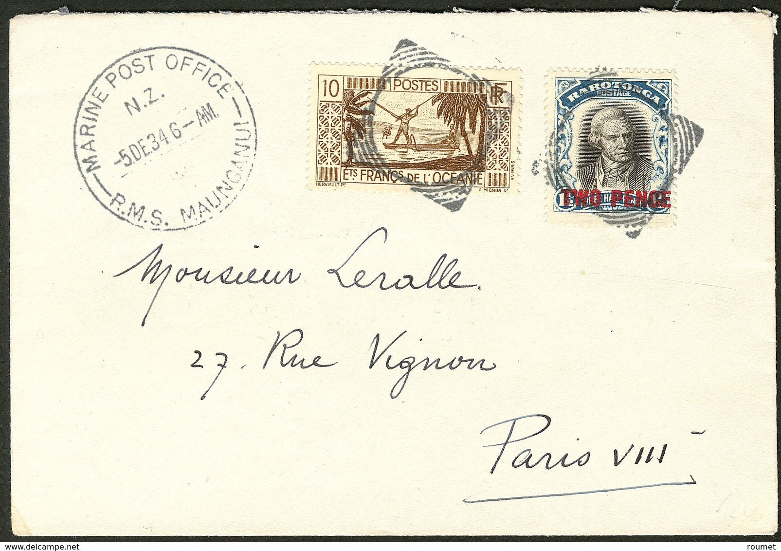 Lettre. Afft Mixte. No 89 + Rarotonga 31, Avec Obl Néo-zélandaise De Déc 34 Sur Enveloppe Pour Paris. - TB - Andere & Zonder Classificatie