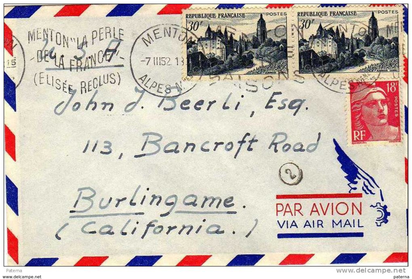 3401 Carta,  Aérea, MENTON  FLAMME , 1952 Alpes Martimes, - 1927-1959 Matasellados