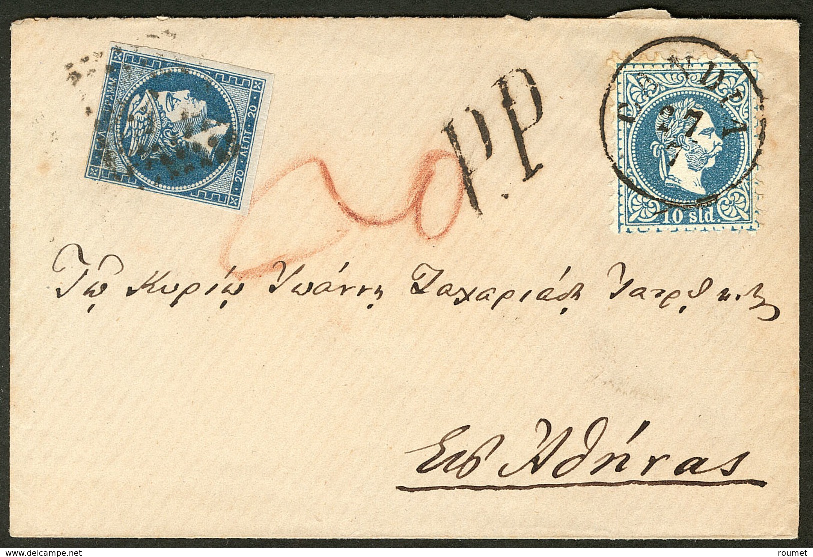 Lettre. LEVANT. Bureaux Autrichiens. No 4 + Grèce 21, Sur Enveloppe Avec Arr. En Grèce. - TB - Levant Autrichien