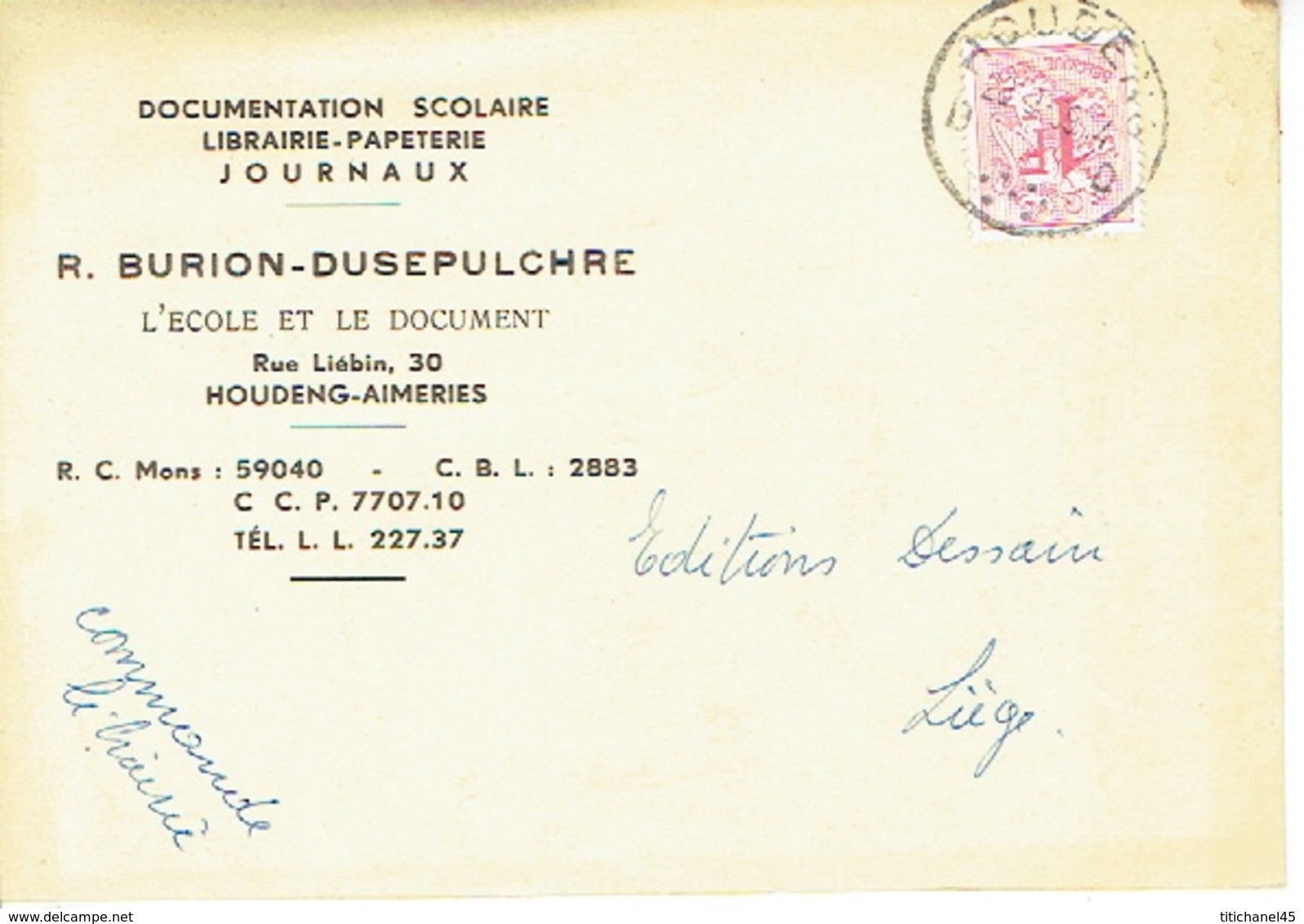 CP Publicitaire HODENG-AIMERIES 1959 - R. BURION-DUSEPULCHRE - Librairie - Papeterie - Boussu