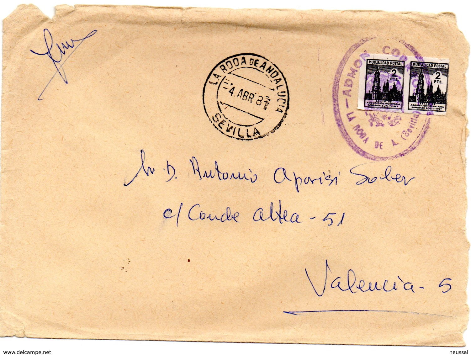 Carta  Con Matasellos La Roda De Andalucia (sevilla) Y  Con Sellos De Mutualidad Postal. - Cartas & Documentos