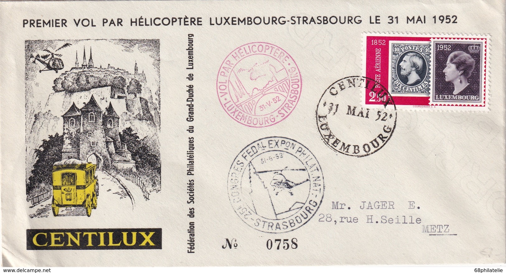 LUXEMBOURG 1952  LETTRE 1ER VOL PAR HELICOPTERE LUXEMBOURG-STRASBOURG - Lettres & Documents