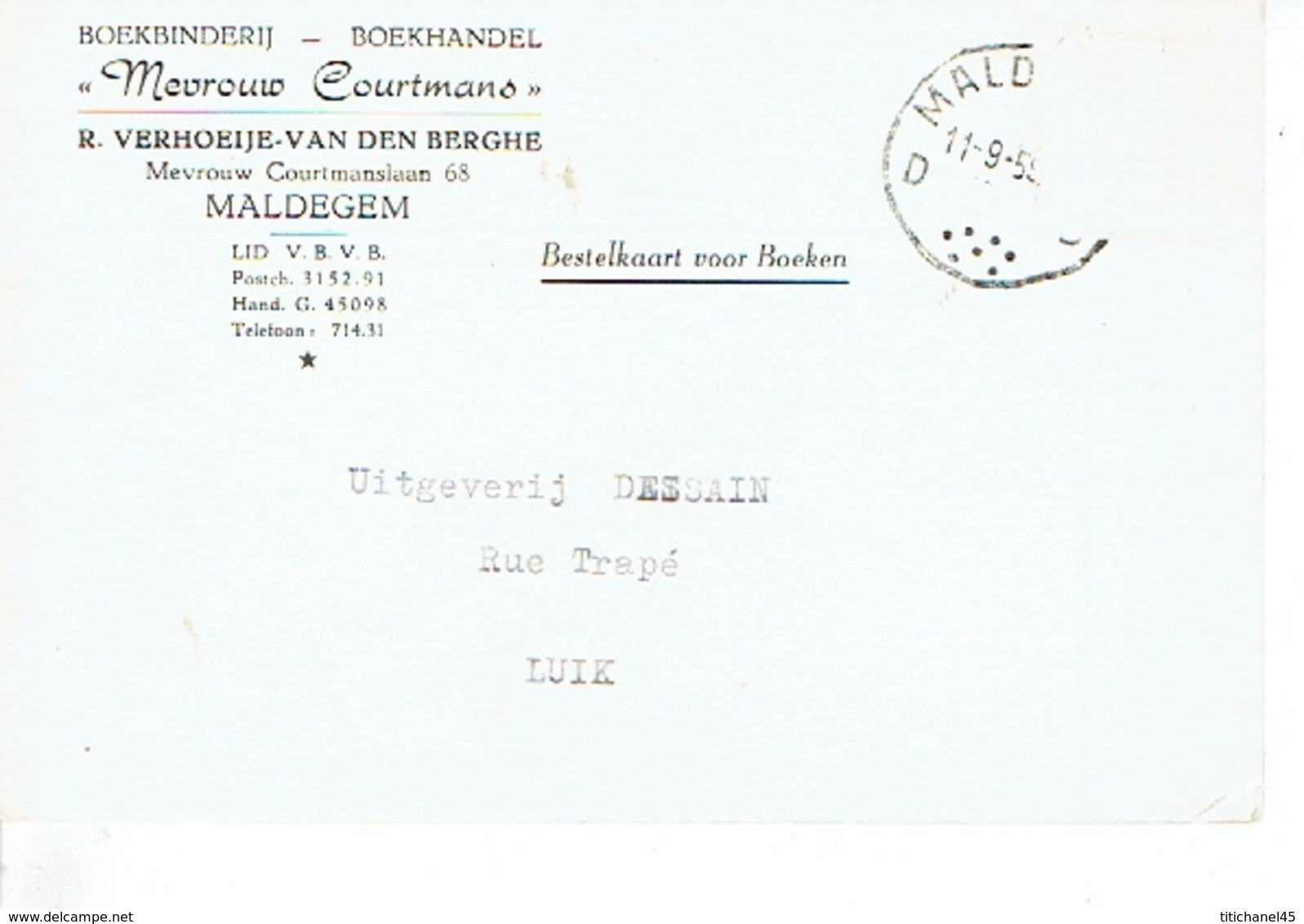 PK Publicitaire MALDEGEM 1959 - "MEVROUW COURTMANS" R. VERHOEIJE-VAN DEN BERGHE - Boekbinderij - Boekhandel - Maldegem
